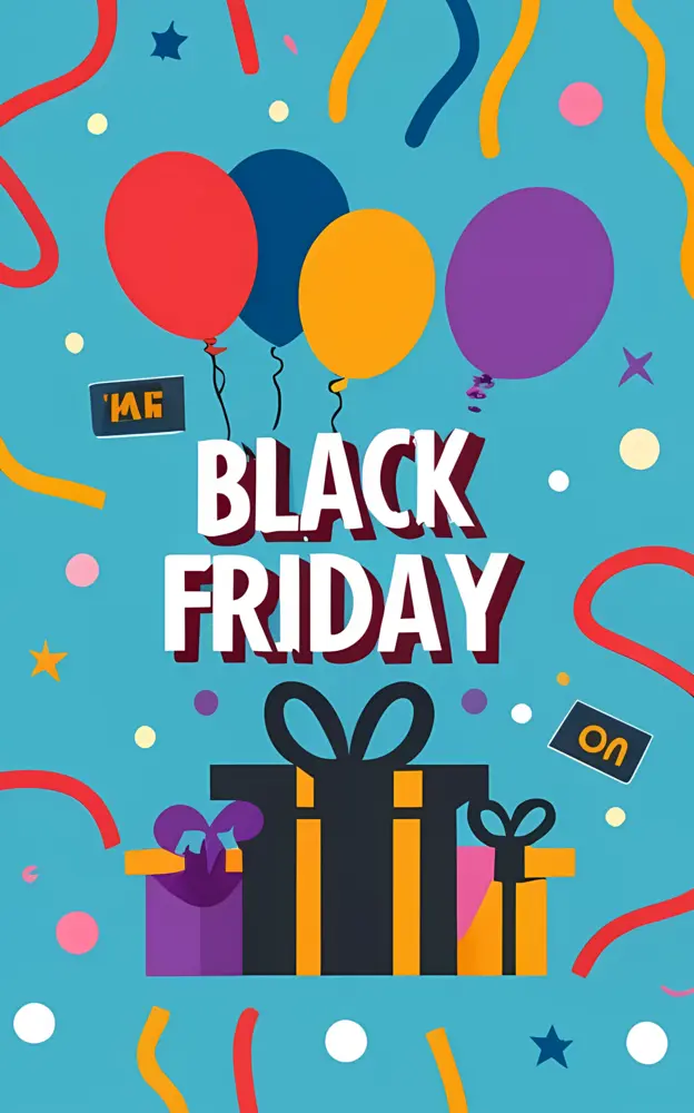 Black Friday Event with Colorful Balloons and Gifts