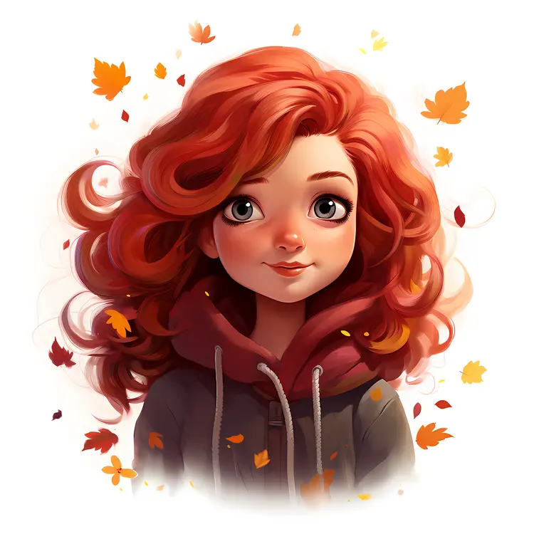 Red-haired Girl in Hoodie with Autumn Leaves
