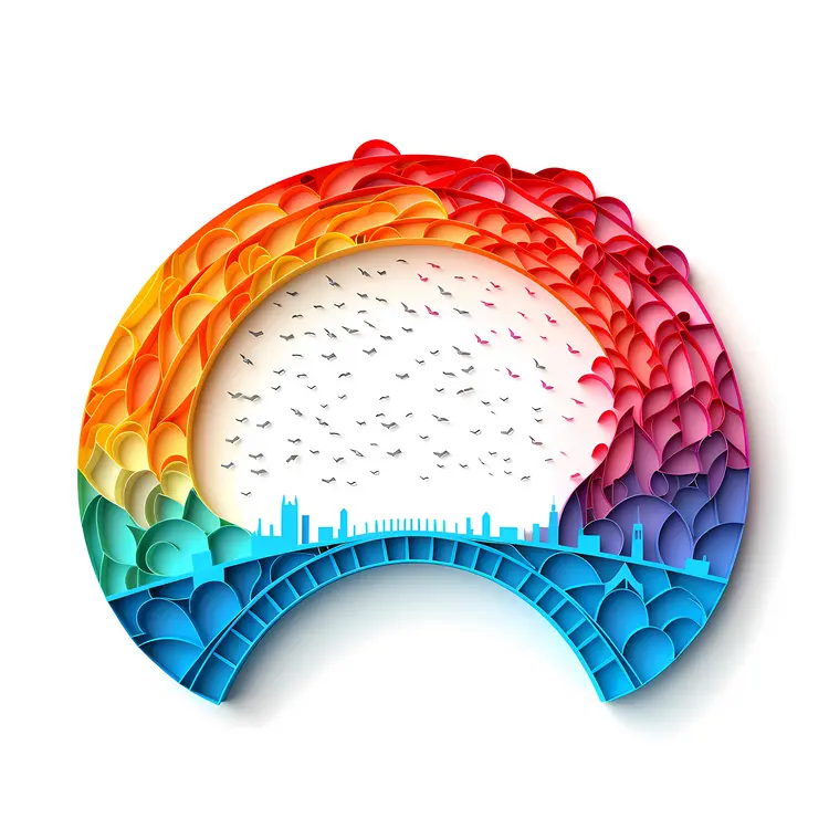 Paper Art Rainbow with City and Birds