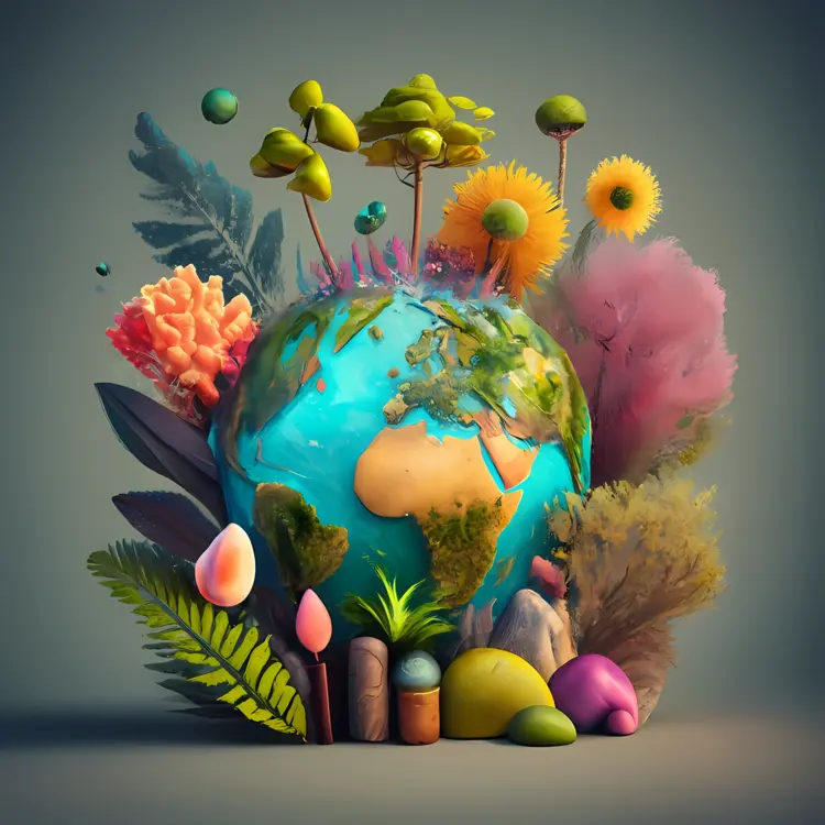 Earth Surrounded by Nature and Flowers