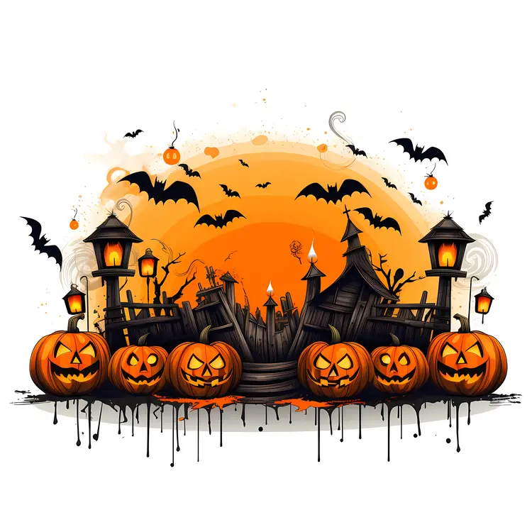 Haunted House with Pumpkins and Bats