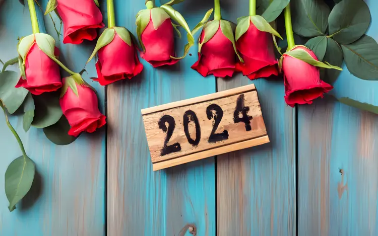 2024 with Roses on Blue Wooden Table