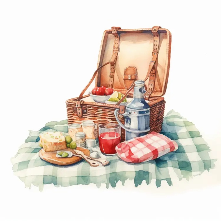 Picnic Basket with Food and Drinks on a Blanket