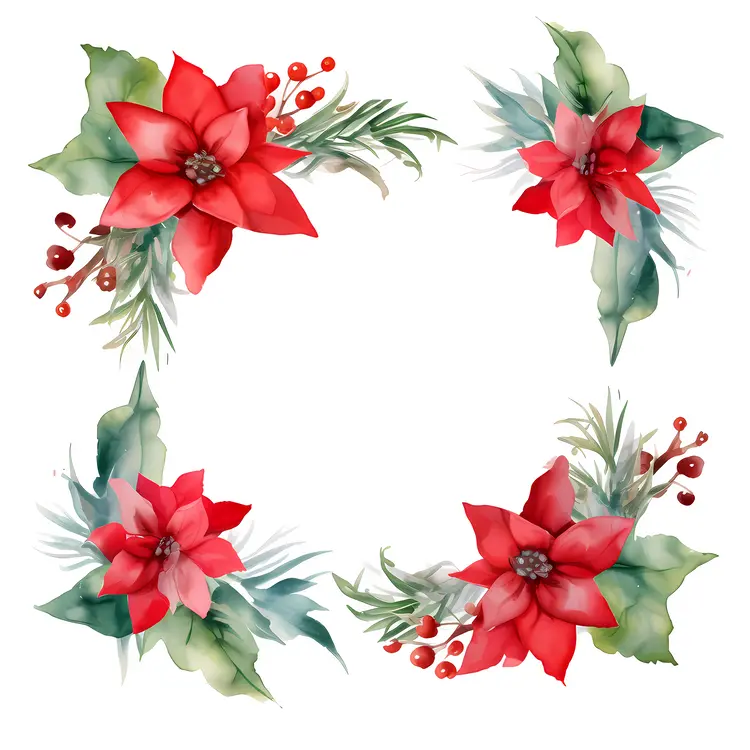 Poinsettia Frame with Green Leaves and Red Berries