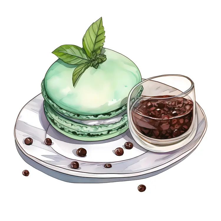 Green Macaron with Mint Leaves and Chocolate