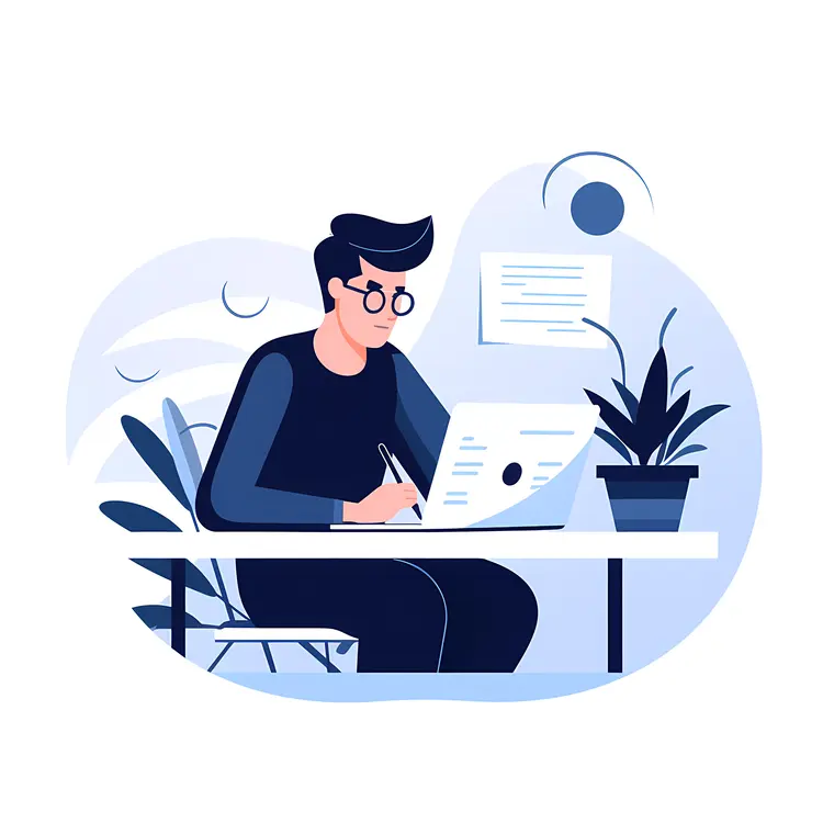 Man Writing on Laptop at Desk