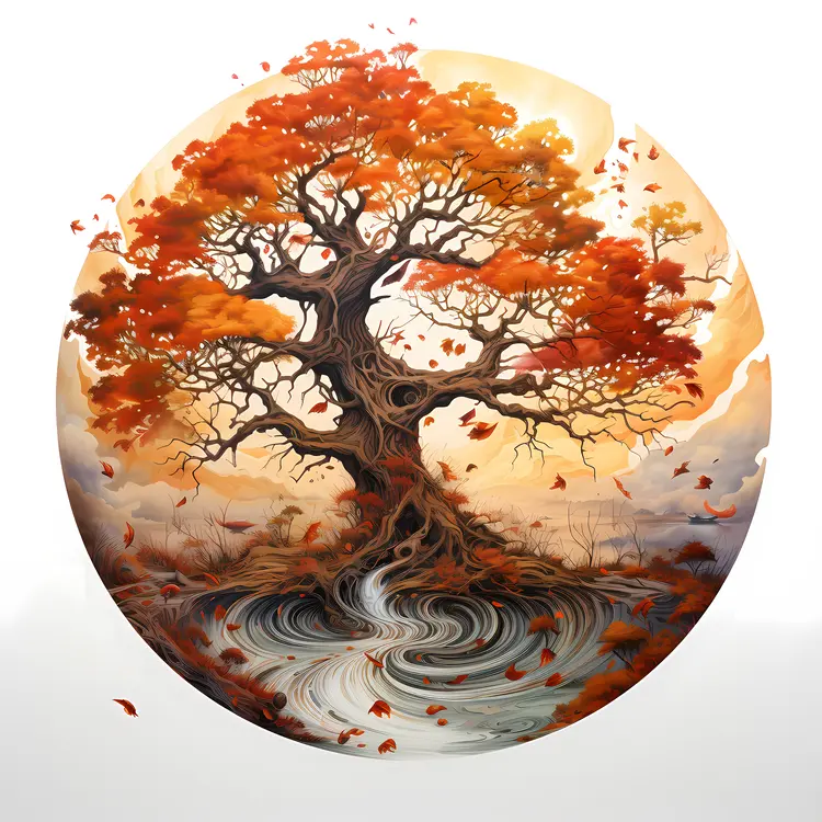 Autumn Tree with Swirling Leaves