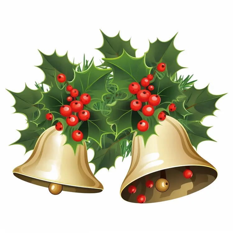 Golden Christmas Bells with Holly and Berries