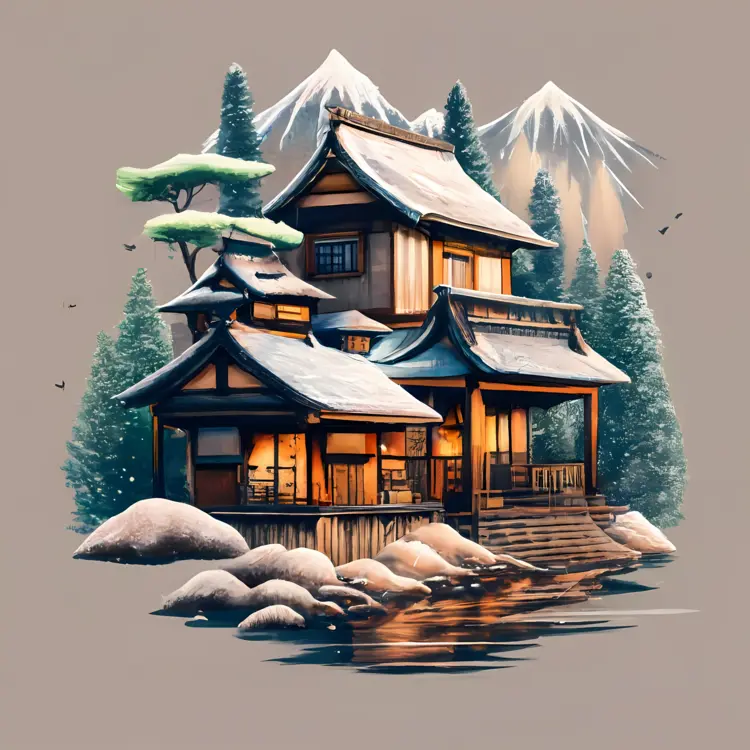 Small cute doodle house with mountain view
