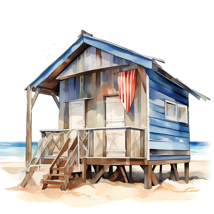 Blue Wooden Beach House with Red Flag