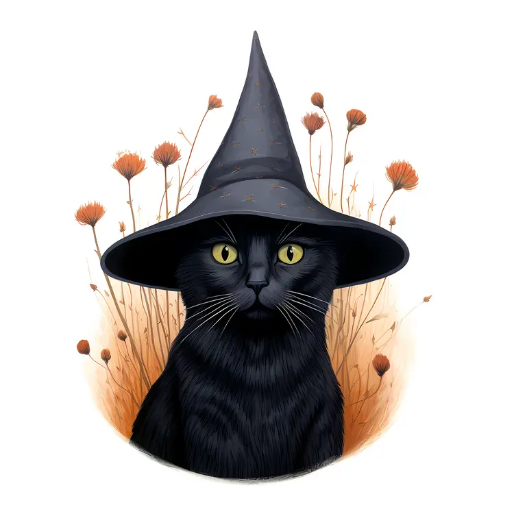 Black Cat with Witch Hat and Flowers
