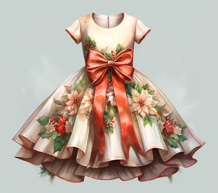 Poinsettia Christmas Dress with Red Bow