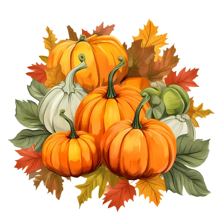 Colorful Pumpkins with Autumn Leaves for Fall Season