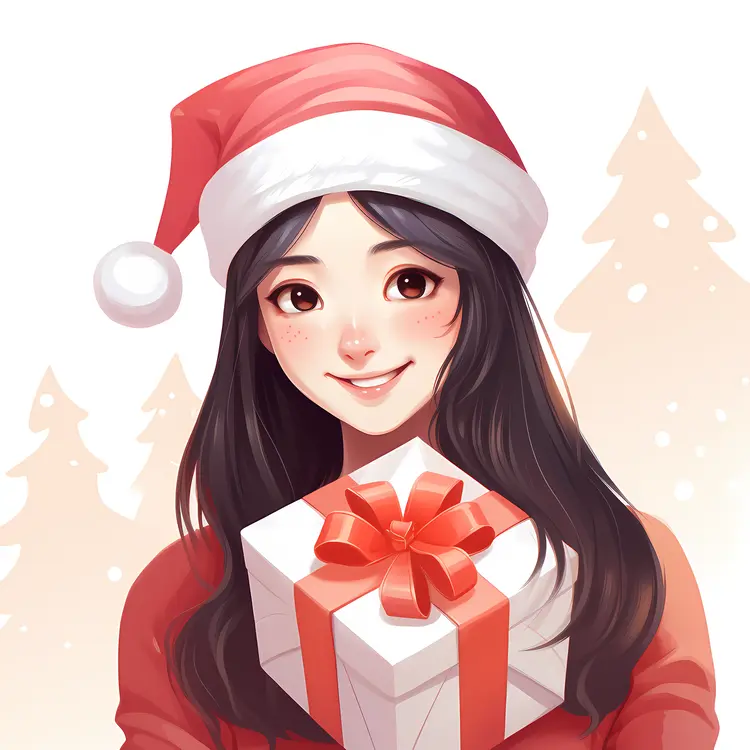 Black-Haired Girl with Gift in Santa Hat
