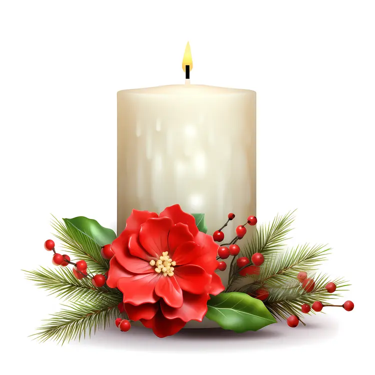 White Candle with Red Flower and Green Leaves for Christmas Decoration