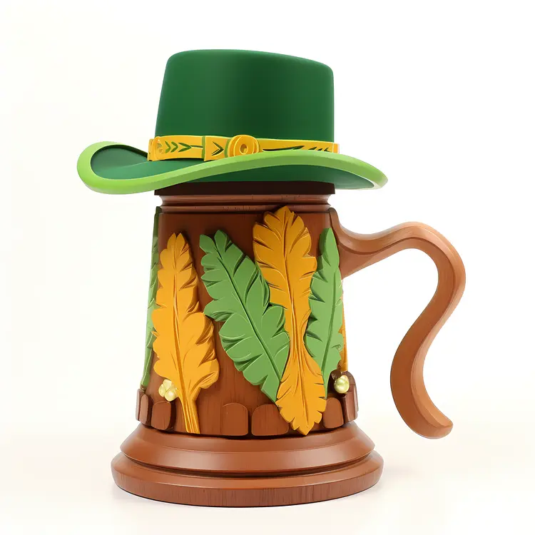 Decorative Mug with Green Hat and Leaf Design