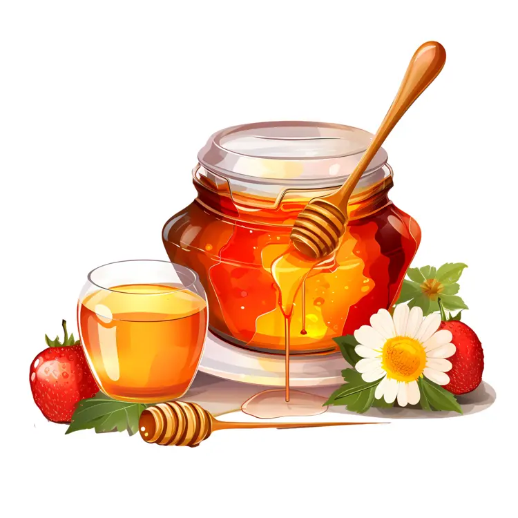 Honey Jar with Strawberries and Flowers