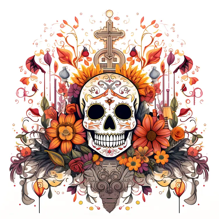Colorful Decorated Skull with Flowers for Day of the Dead