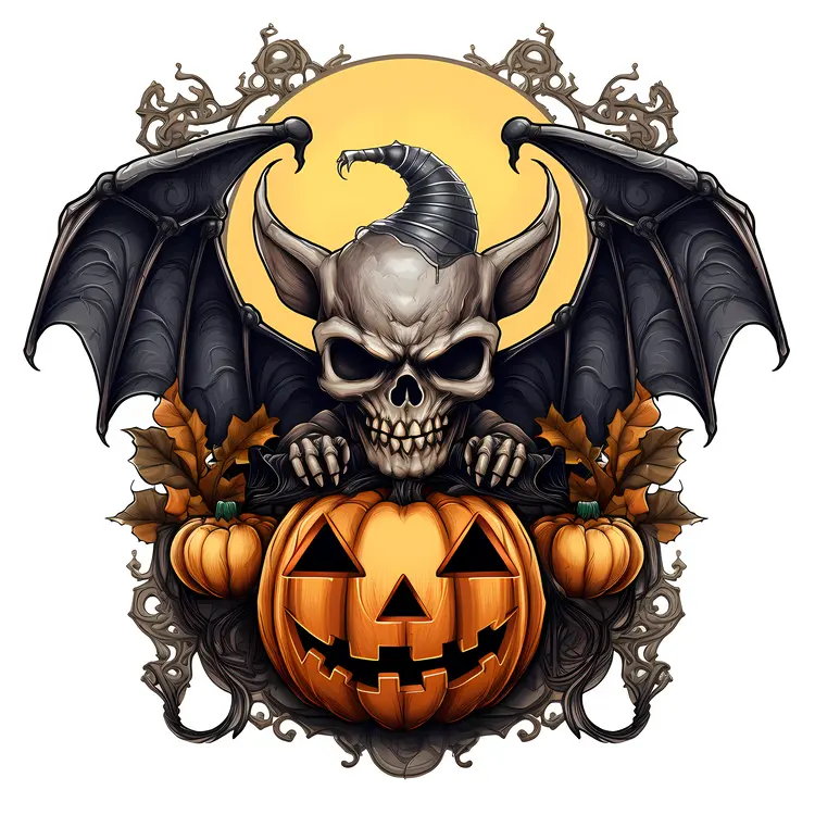 Scary Bat with Pumpkin and Skull