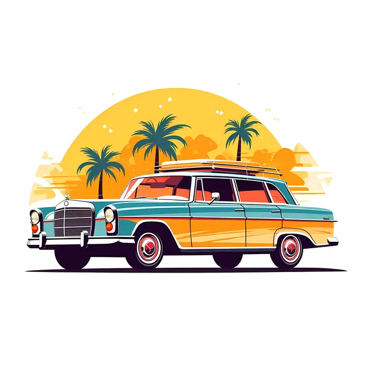 Vintage Car with Tropical Sunset Background