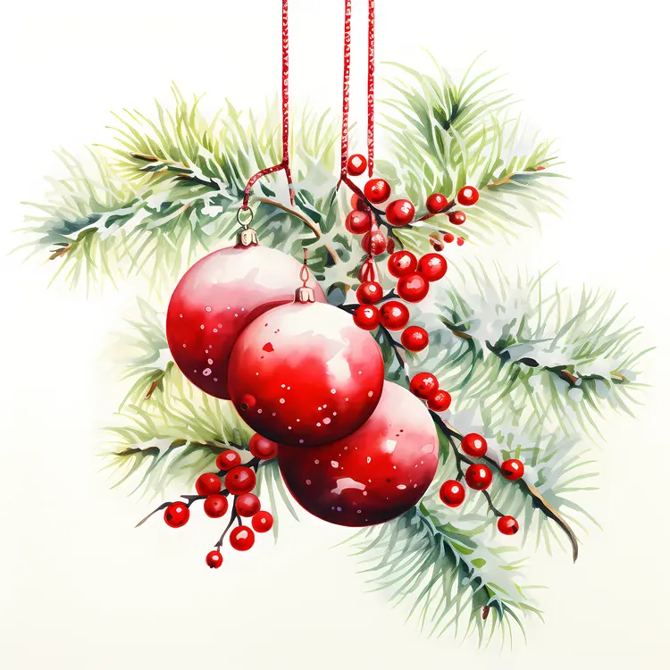 Red Christmas Ornaments on Pine Branches