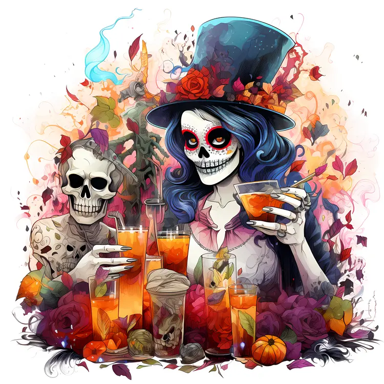 Skeleton with Top Hat and Halloween Drinks