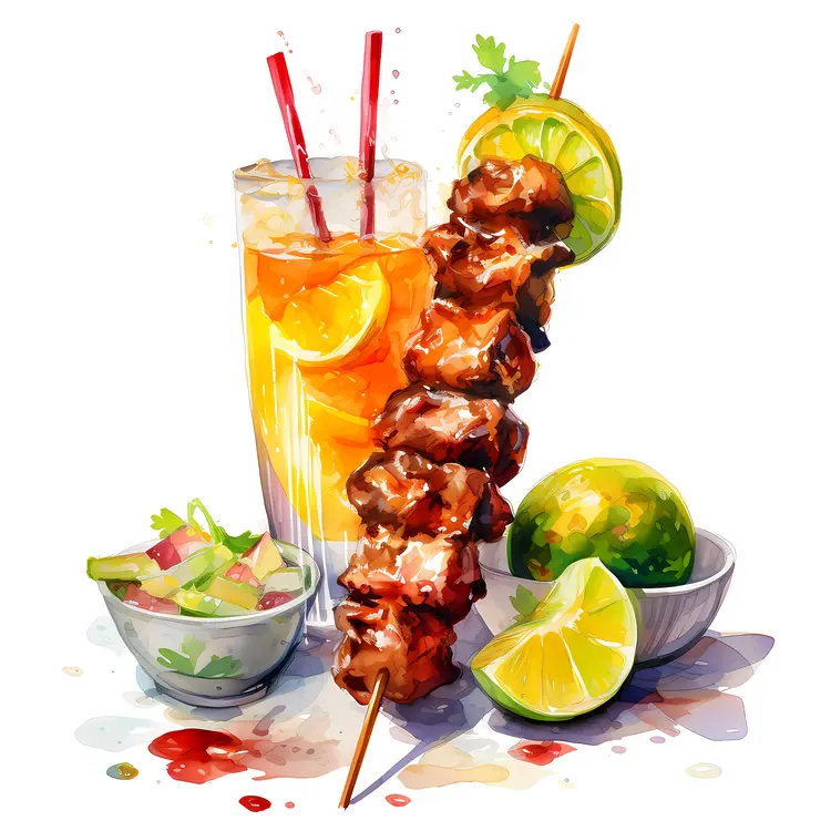 Grilled Skewers and Citrus Drink