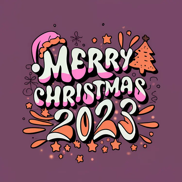 Merry Christmas 2023 Text with Tree and Stars