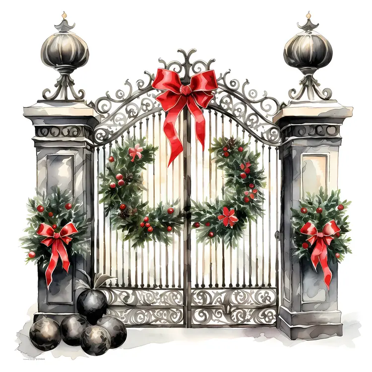 Gate Decorated with Christmas Wreaths and Red Bows