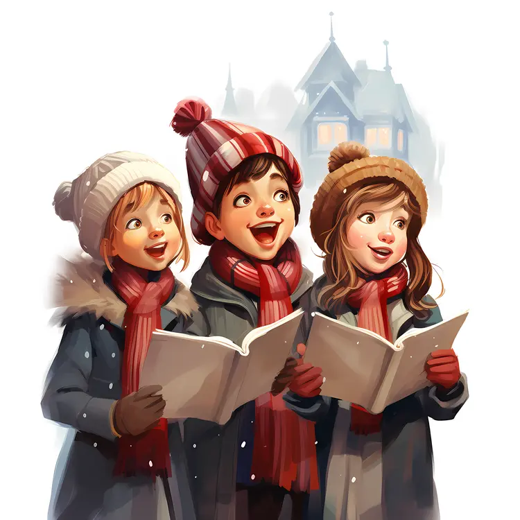 Children Singing Christmas Carols in Winter