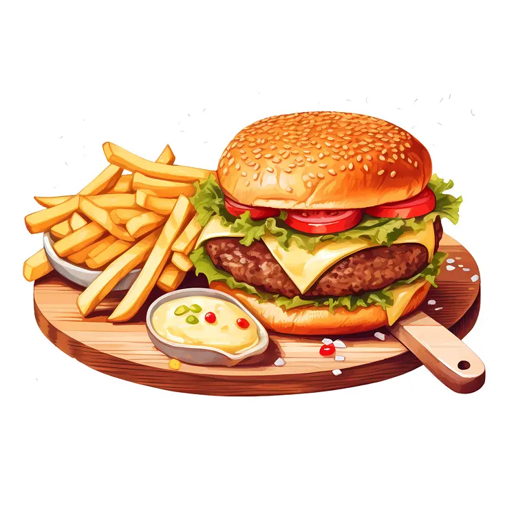 Yummy Cheeseburger with Fries and Dip
