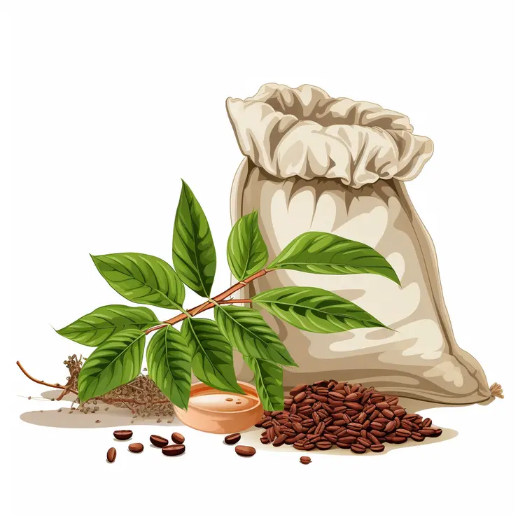 Bag of Coffee Beans with Leaves and a Wooden Spoon