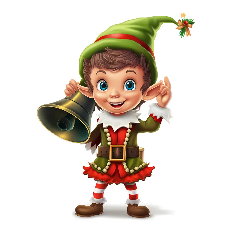 Cheerful Elf with Bell in Green Outfit
