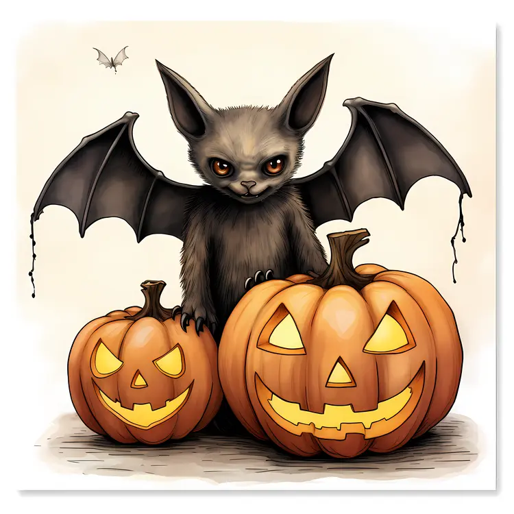Adorable Bat with Jack-o'-Lanterns Illustration