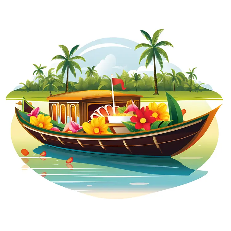 Decorated Boat with Flowers and Palm Trees