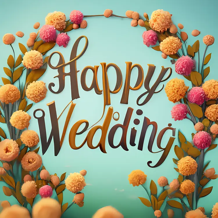 Happy Wedding with Colorful Floral Wreath