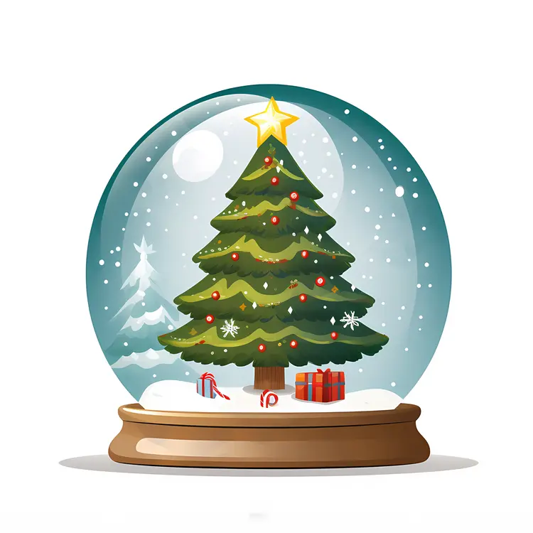 Christmas Tree in Snow Globe with Snowy Background