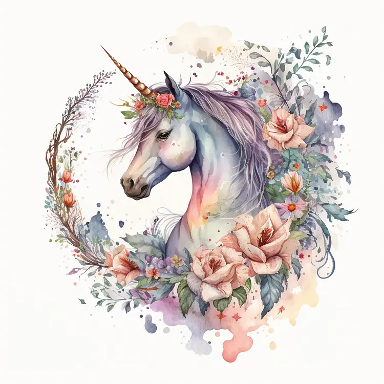 Beautiful Watercolor Unicorn with Floral Wreath