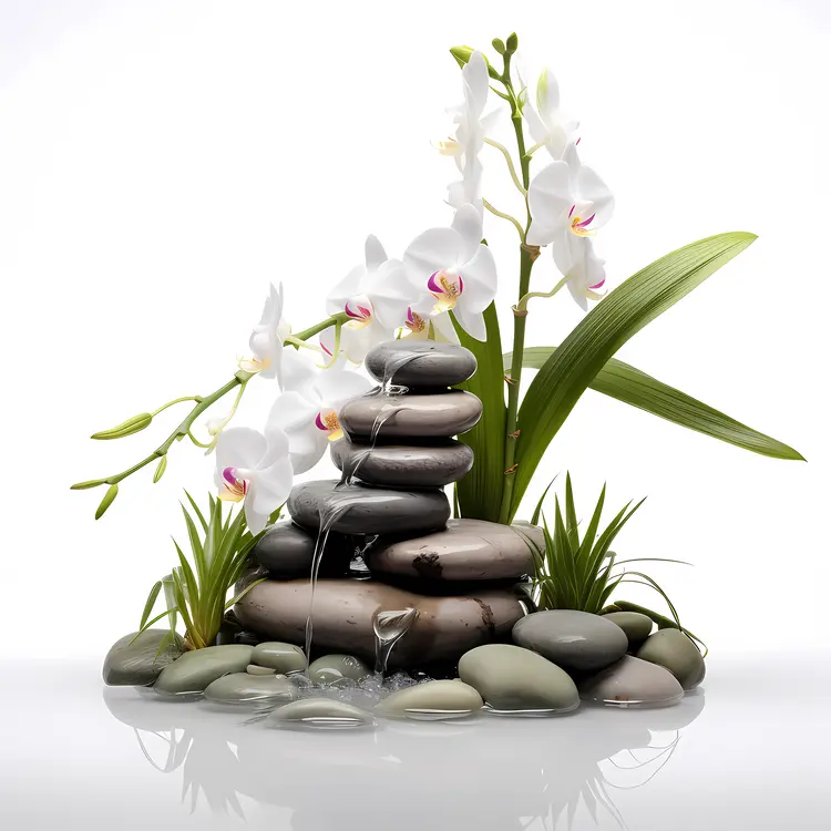 White Orchids and Stones in Zen Garden