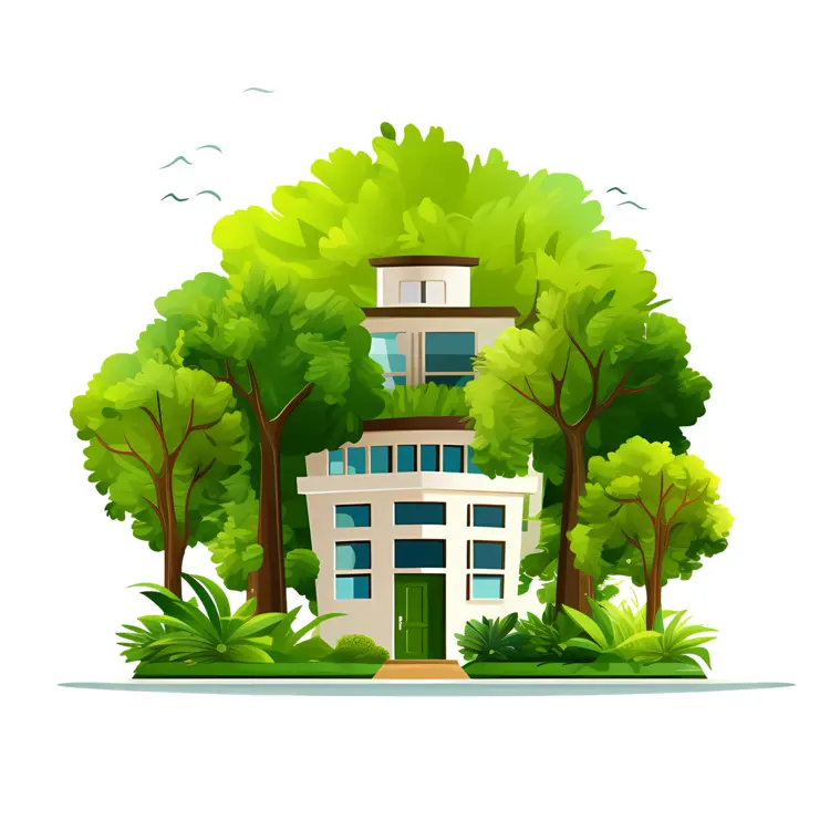 Small cute doodle house surrounded by trees