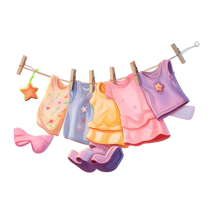 Colorful children's clothing and accessories on a clothesline