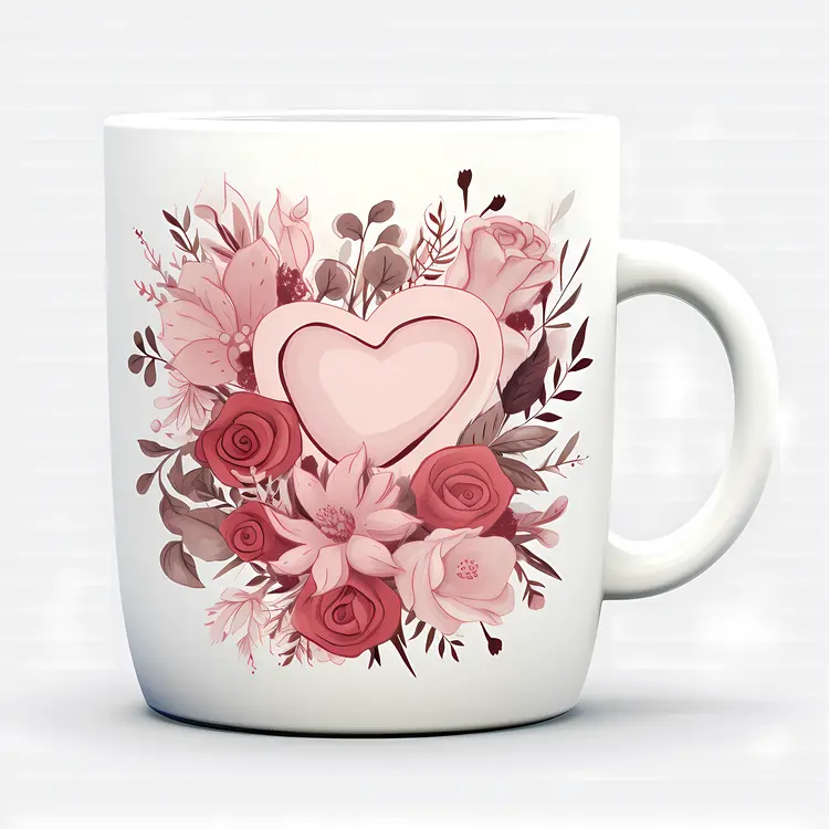Heart Design Floral Mug with Pink Flowers