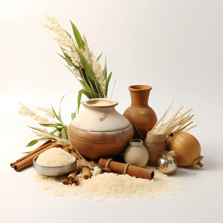 Traditional Clay Pots with Rice and Spices