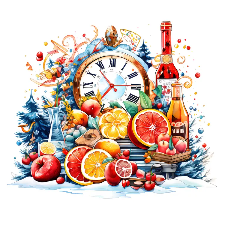 Clock with fruits and drinks