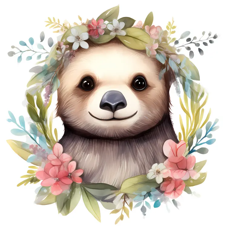 Cute Sloth with Floral Wreath Illustration