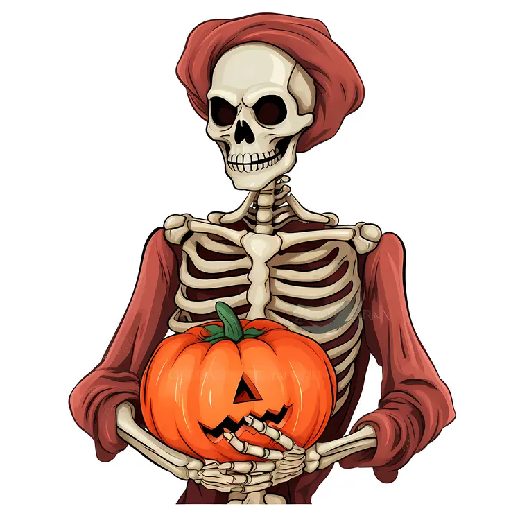 Skeleton with Hat Holding a Carved Pumpkin