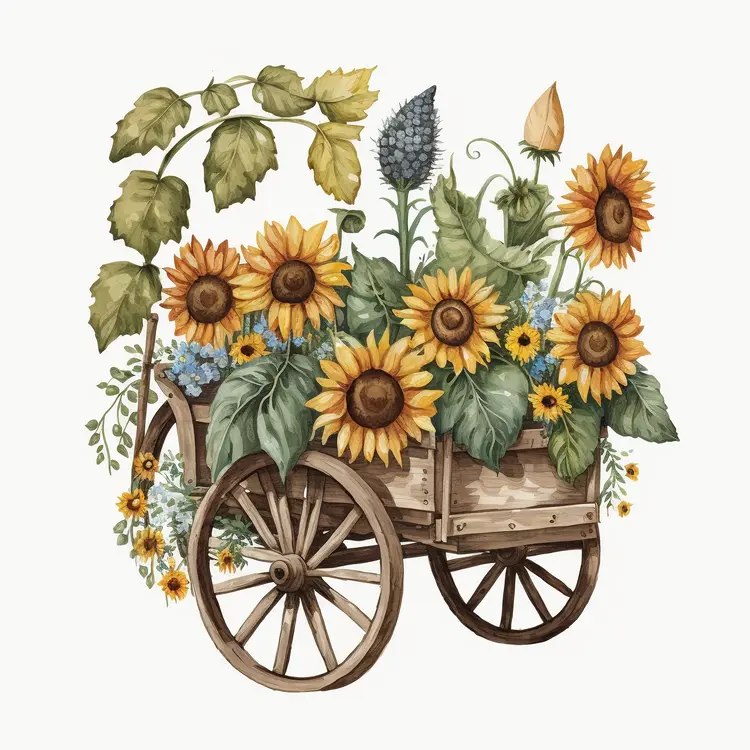 Beautiful Sunflowers in a Wooden Cart