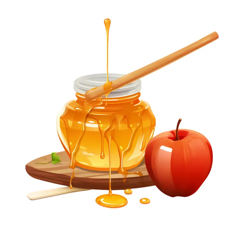 Honey Jar and Apple on Wooden Board