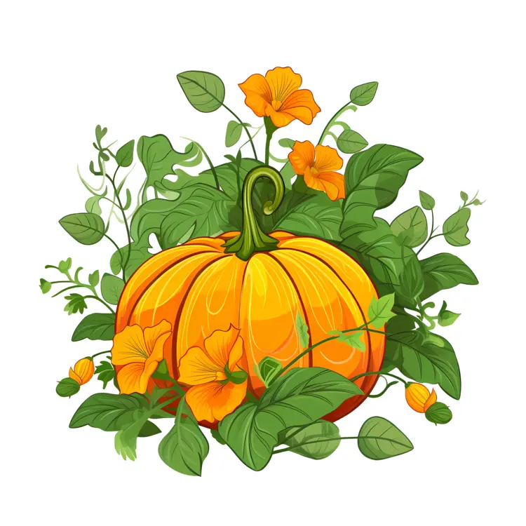 Orange Pumpkin with Leaves and Flowers