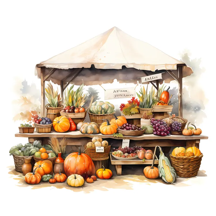 Autumn Market Stall with Pumpkins and Produce
